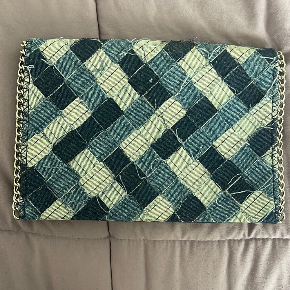 Chelsea29 denim patchwork clutch